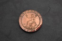 A 1797 George III Copper Two Pence, heavily cleaned
