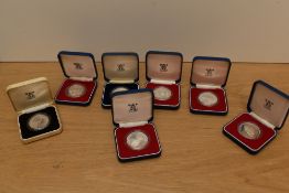 Six Royal Mint Silver Proof Crowns, 1977 Queen Jubilee Bailiwick of Jersey 25p x2, Gibraltar 25p,