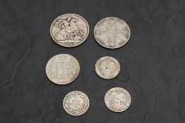 Six Queen Victoria Silver Coins, 1890 Jubilee Head Crown, 1889 Jubilee Head Double Florin, 1884