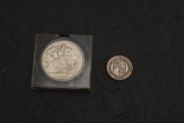 Two Queen Victoria Silver Coins, 1899 Crown, George & Dragon, Old Veiled Head, LXIII on edge, in