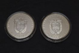 Two Frankin Mint Panama 20 Balboas Silver Coins, 1974 & 1975, each contain 2000 Grains of Sterling