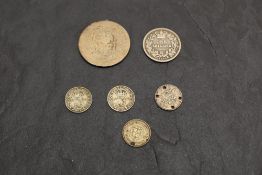 Six GB Silver Coins, 1845 Queen Victoria One Shilling, 1874 Queen Victoria Half Crown well worn,