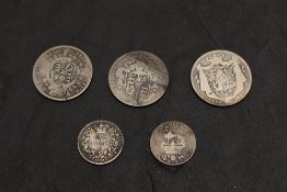 Five Silver Coins, 1817 George III Half Crown,George IV Shilling possible 1826, George IV Half Crown