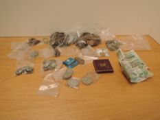 A box of GB Coins, Farthing to Crown, No Silver seen, three Bank of Scotland One Pound Notes, 1995