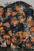 20th Century, coloured print, A rugby themed caricature, framed, mounted, and under glass, measuring