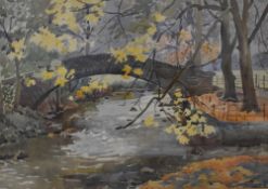 Doris May Blacker (20th Century, British), watercolour, A packhorse bridge within an autumnal