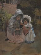 19th Century British School, watercolour/gouache, Two girls and a kitten, signed 'Flora...' to the