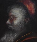 20th Century School, oil on metal, A profile head portrait of the Dalai Lama, unsigned, framed,