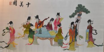 20th Century Chinese School, silk embroidery, Geisha women gathered around a table, framed and under