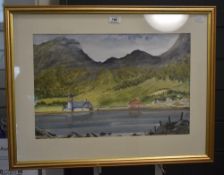 20th Century School, watercolour, A mountainous landscape with lighthouse to the middle ground,