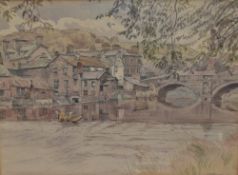 J. Bateman (20th Century, British), watercolour, A view of a town and river with stone arched