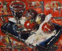 Eric Davidson (20th Century), oil on canvas, 'Last Supper', a semi abstract still life arrangement