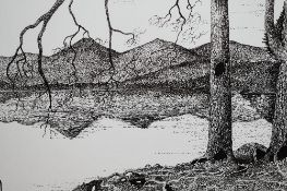 Neale Holden (20th Century, British), pen and ink, 'Derwentwater', a view from Friar's Crag, Lake