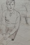 20th Century School, pen sketch, A 1930s portrait of a boy sitting by a chair, framed and under