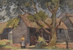 John Harold Blakeley (1887-1978, British), watercolour, A farm worker beside a barn, signed to the
