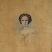 19th Century School, watercolour, A shoulder length portrait of a young Victorian woman with