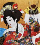 20th Century Japanese School, textile collage, A half length portrait of a Geisha lady, framed,