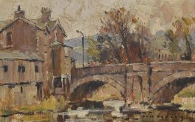 20th Century British School, oil on board, A stone arched bridge with town houses, signed '...