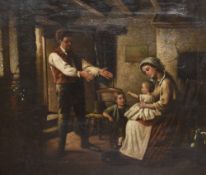 19th Century British School, oil on canvas, A Victorian interior scene with family, framed,