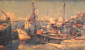 After R. Bartisch (20th Century), coloured print, 'Spanish Harbour', framed, measuring 58cm x