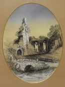 Agnes Dewhurst (19th Century School), watercolour, An architectural ruin with stone arched bridge to
