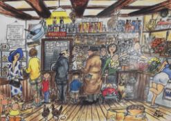 20th Century School, coloured prints, Two caricature illustrations depicting shop interiors,