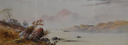 19th Century School, watercolours, Two idyllic landscapes with lakes, mountains, and fishing