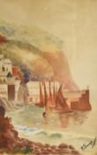 F. Gough (20th Century School), watercolour, A Continental harbour seascape with masted vessels
