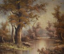 Irene Cafieri (20th Century), oil on board, An autumnal, idyllic woodland landscape with river,