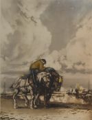 Ferdinand Jean Luigini (1870-1943, French), aquatint, Work horses in a harbour, signed to the
