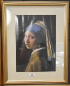 After Johannes Vermeer (1632-1675, Dutch), coloured print, 'Girl With A Pearl Earring', framed,