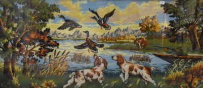 20th Century, needleworks, Three Country Sporting related illustrations of gundogs, huntsmen, and