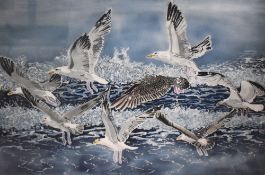 After Marie Therese King (Contemporary, British), coloured print, 'Shell Island Seagulls', signed to