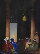 Hans Hansen RSW (1853-1947, British), gouache, An Arabian interior scene with seated figures, signed
