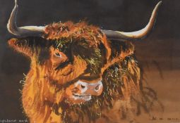 Contemporary, coloured print, 'Highland Cow', framed, mounted, and under glass, measuring 24cm x