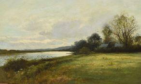 William Wills (British 1880-1910), oil on canvas, A countryside landscape with farm houses beside a