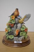 A Border Fine Arts bird group 'After The Rain' SOC5 with moulded circular mahogany plinth, label