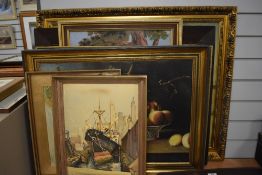 Seven assorted large pictures, prints and tapestries including a print of a View of New York City