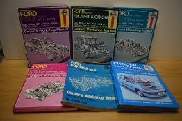 Five assorted Haynes car manuals including Ford Sierra, Ford Escort, Ford Escort & Orion 90-95 and