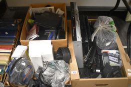 Three cartons of assorted technical equipment including a Samsung tablet, headphones, a Panasonic