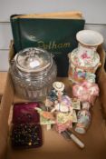 A miscellaneous selection of items including a cut glass biscuit jar having plated lid and handle,