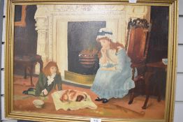 After Charles Haigh-Wood (1856-1927, British), oil on board, 'Nursing a Treasured Pet', a naive
