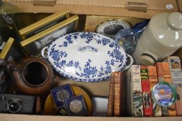 Three small J&J Cash Ltd woven bird pictures, a stoneware hot water battle, a blue and white tureen,