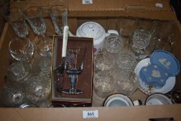 A carton of assorted glassware including cut glass whiskey tumblers, three Ravenhead whiskey