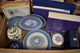A small selection of Jasperware including a dark blue trinket box and Christmas plates with boxes, a