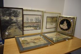 A vintage framed Thai embroidery sold along with five other pictures and prints with a tree theme.