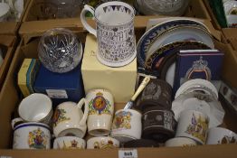 A collection of coronation ware including a boxed etched Royal Scot Crystal balloon vase, a boxed
