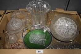 A carton of assorted pressed glass including a celery vase, bowls, desert bowls etc.
