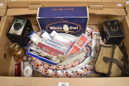 Two vintage cameras, A Coronet Captain and a Brownie Junior, three graduated serving plates and a