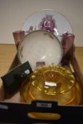 An amber glass posy ring and frog, a Royal Worcester William Shakespeare commemorative display